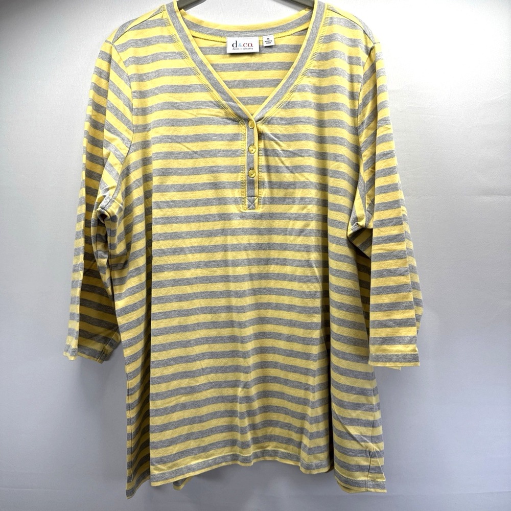 Denim & Co Womens Top Size 1X Plus Yellow Gray Stripe 3/4 Sleeve V Neck Pullover